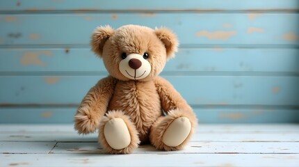 A fluffy, brown teddy bear sitting on a light blue wooden surface.