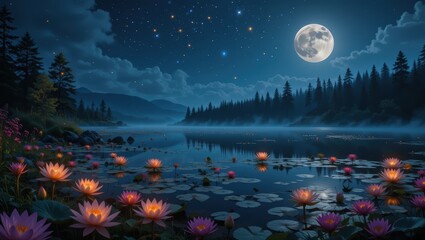 Luminous Moon Over Serene Lake With Blooming Lilies Under Starry Night Sky