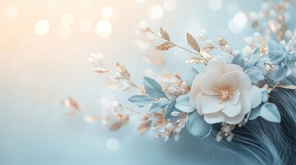 Elegant Hairstyle Adorned with a Floral Hair Accessory, Soft Bokeh Background.