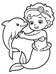 Fototapeta premium Mermaid's Ocean Companionship: An endearing illustration captures a mermaid and dolphin, sharing a tender moment, showcasing marine life's gentle bond.