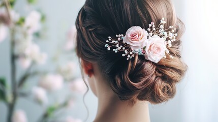 Elegant Hairstyle Adorned with a Floral Hair Accessory, Soft Bokeh Background.