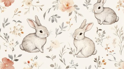 Delicate watercolor bunnies and flowers.  Soft pastel bunnies amidst delicate floral and foliage design