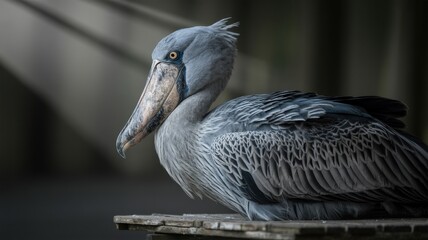 Detailed portrait of a majestic Shoebill stork, showcasing its unique grey plumage and intense gaze.
