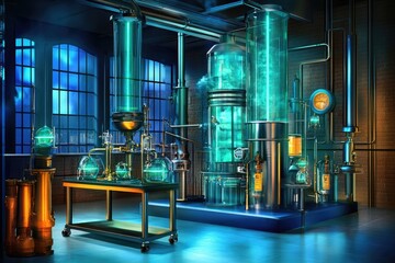 A mystical distillery with glowing, glass vessels and steampunk-inspired apparatuses