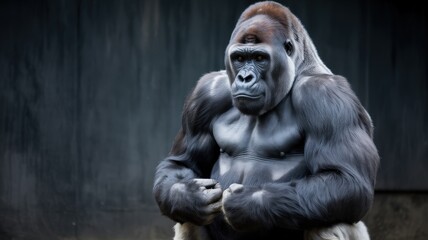 A powerful, silverback gorilla poses with muscular physique against a dark, blurred backdrop.