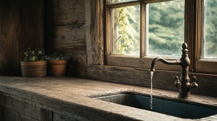 Rustic wooden kitchen sink with dripping faucet.