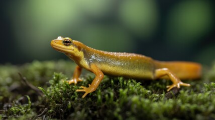 Fototapeta premium Vibrant orange newt gracefully poses on a bed of lush green moss, captivating with its presence.