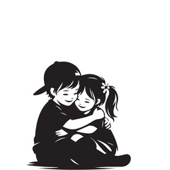 Siblings Hugging Silhouette Set Happy Family Hug Vector Black and White Sibling Bond