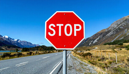 一時停止の標識。澄み切った青空と山々がそびえる高原地帯の直線道路沿いにあるストップの道路標識。A stop sign. A stop road sign along a straight road in a plateau area with clear blue skies and towering mountains.