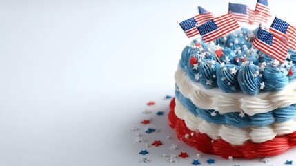 Patriotic Cake: A beautifully crafted cake decorated with patriotic colors and miniature flags, evoking a sense of celebration and national pride.