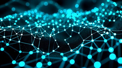 Fototapeta premium A glowing network of interconnected blue nodes and lines, representing digital connections or data flow on a dark background.