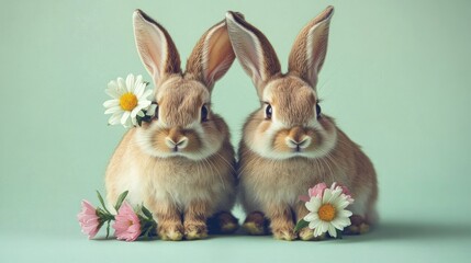Two adorable baby bunnies with springtime flowers
