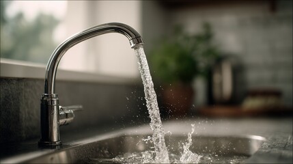 Close-up view of flowing water from a stainless steel faucet.
