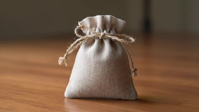 Small, light beige, fabric drawstring bag on wooden surface