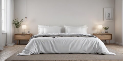 White linens, king bed, minimalist Scandinavian bedroom, decor, minimal, white linens