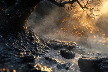Dark tree trunk and rocks with water and fog creating a mystical and ethereal atmosphere at sunrise