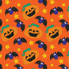 A seamless Halloween pattern with cute jack-o'-lantern pumpkins and spooky bats, perfect for seasonal prints, wrapping paper, textile designs, or Halloween party backgrounds and decorations in October