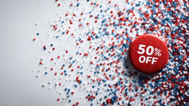 Red and Blue Confetti Sale:  A vibrant red and blue confetti background with a bold red circle displaying 50% OFF in white text, creating a visually striking and attention-grabbing promotion.