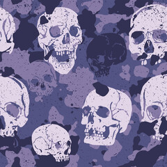 Seamless tan purple grunge vector camouflage pattern with human skulls incorporated