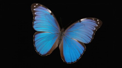 Striking full view of a vibrant iridescent blue butterfly isolated against a stark black backdrop.