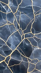 A close-up of a dark blue marble surface with a network of thin, golden veins