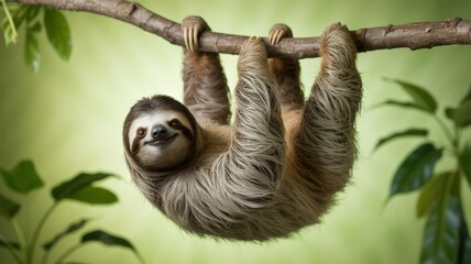 Fototapeta premium A smiling sloth hangs upside down from a tree branch against a soft green background