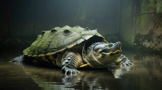 Majestic turtle in murky water with mossy shell creates a captivating aquatic portrait scene.