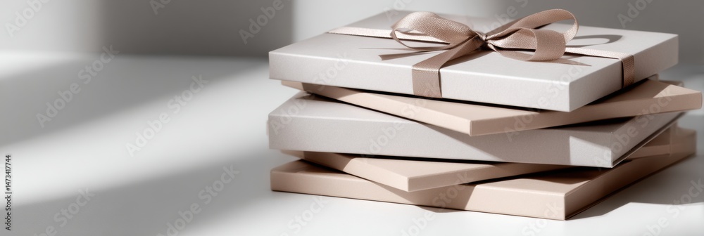Fototapete Minimal Stack of Clean Boxes With Ribbon Casting Soft Shadows in Bright Lighting on a Smooth Surface