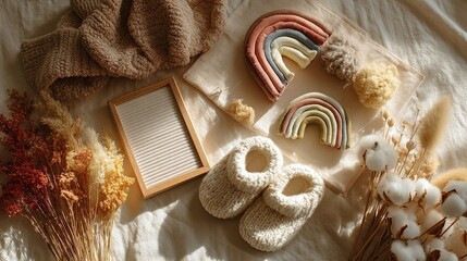 Cozy Baby Essentials: A serene still life arrangement of knitted baby slippers, decorative rainbows, cotton, and dried flowers, celebrating the simplicity and warmth of new beginnings.