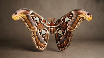 Detailed close-up of a brown and white Atlas moth with intricate patterns on its open wings.