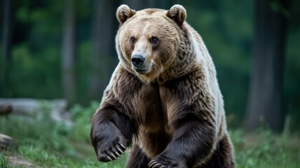 Fototapeta premium Majestic brown bear standing tall in a lush green forest, exuding strength and wild beauty.