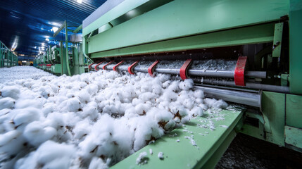 Industrial cotton processing machinery, raw cotton flowing through a large-scale production line