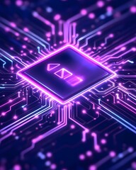 A glowing purple CPU chip sits at the center of a complex circuit board, signifying the power and sophistication of modern technology