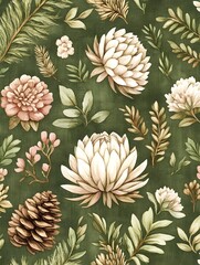 A green background with white, pink, and brown floral patterns
