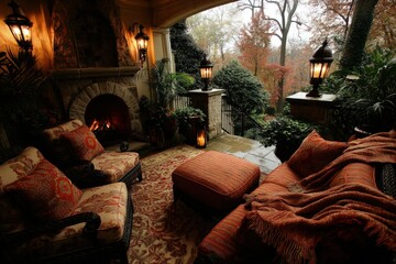 Naklejka premium Cozy Autumn Patio with Fireplace and Outdoor