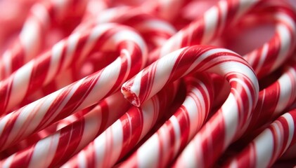 A pile of red and white candy canes, close-up view , canes, close-up, bright