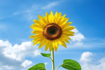 Bright yellow sunflower stands tall against a clear blue sky with soft clouds nearby, Bright sunflower against clear blue sky with clouds