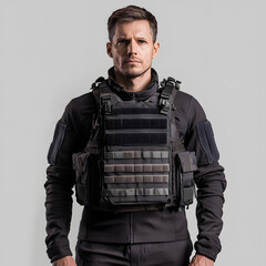 Security Guard with Tactical Vest, and Studio Portrait.