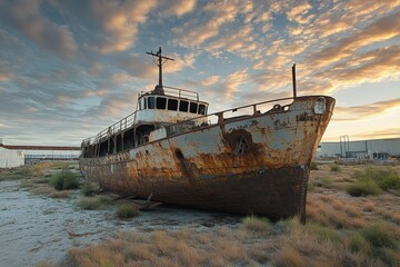 Shipwrecks and rusting relics at Adelaide port's historic ship graveyard under a dramatic sky, Adelaide port ship graveyard Shipwreck landmark in Australia