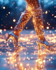 A person walks in sparkling silver pants and shoes, surrounded by a dreamy field of lights