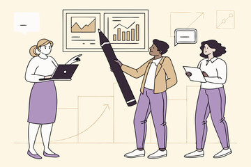 Business people work together in the office, a funny cartoon illustration of teamwork