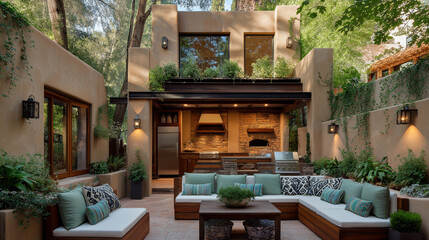 Luxurious tropical courtyard with outdoor kitchen, wood furniture, lush plants, and elegant design. A serene modern living space that blends nature and architecture in perfect harmony.
