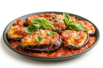 Eggplant dish with tomato sauce and basil isolated on white background