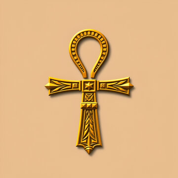 Ancient Egyptian ankh cross icon with detailed carvings, gold vector illustration