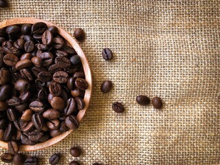 coffee beans on burlap background