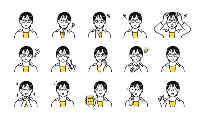 眼鏡をかけた若い女性の表情アイコンセット