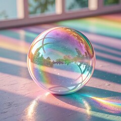 Beautiful glass orb capturing sunlight and reflection with rainbow color spectrum display