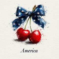 Cherries with Bow: Watercolor depiction of vibrant cherries, crowned with a patriotic bow, symbolizing American spirit and freedom, is a feast for the eyes and the heart. 