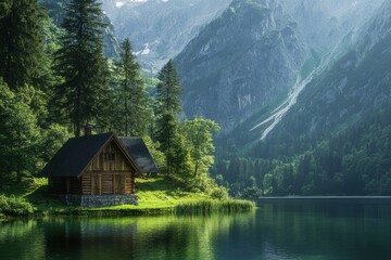 Fototapeta premium Discover tranquility at a serene cabin by a mountain lake surrounded by lush greenery, Cabin by a mountain lake with lush green surroundings Scenic mountain retreat concept