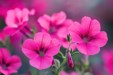 Fototapeta premium Closeup view of vibrant pink flowers in a lush garden background, Closeup of vivid pink flowers against blurred background